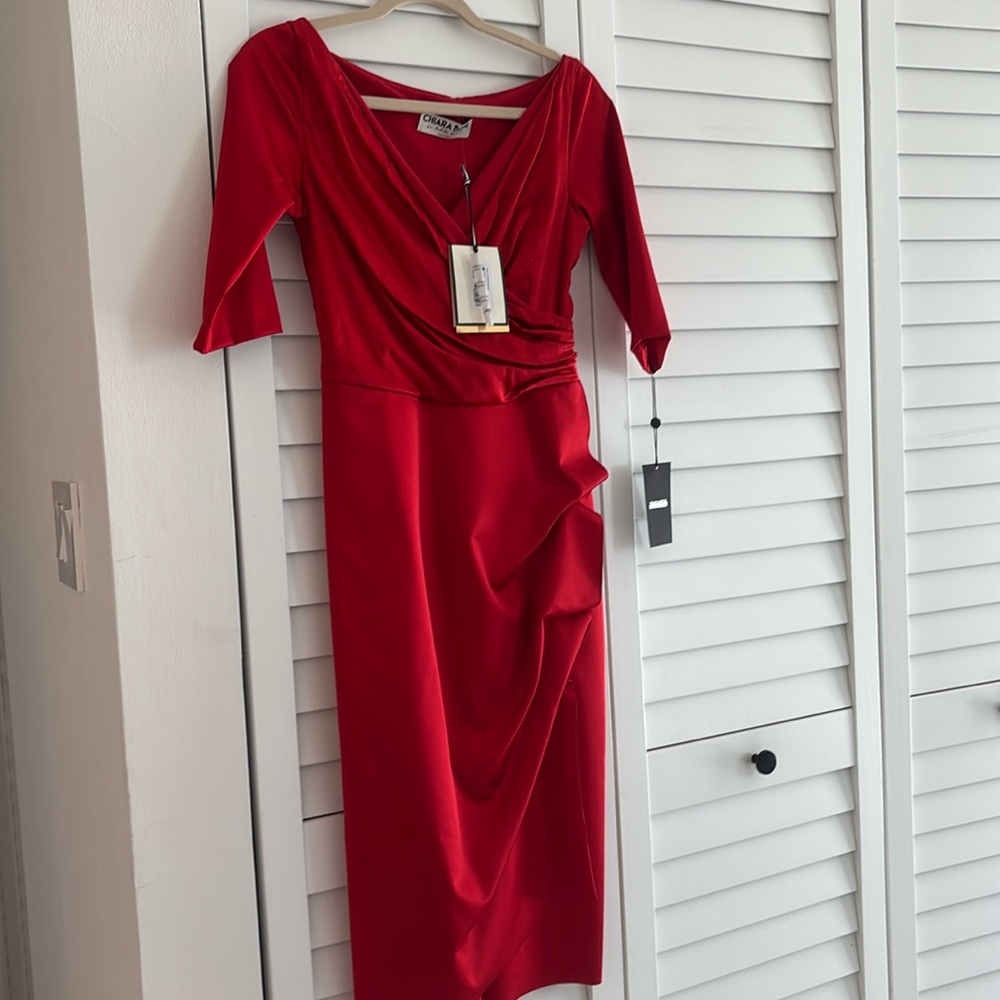 Chiara Boni Red Ruched Cowl Neck Sheath Dress